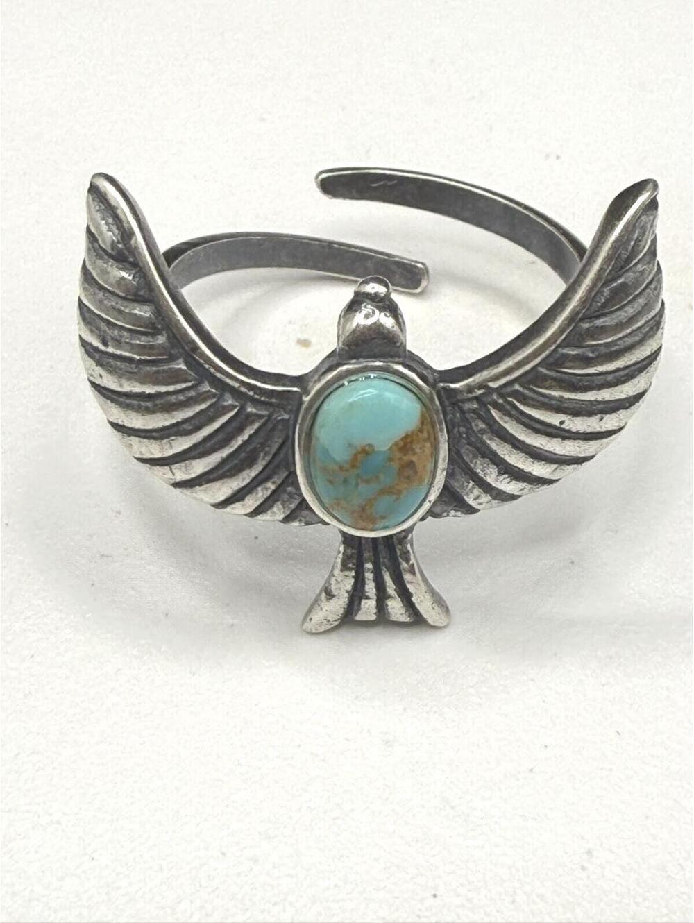 Hand-Signed SJ Sterling Silver Kingman Turquoise Thunderbird Ring